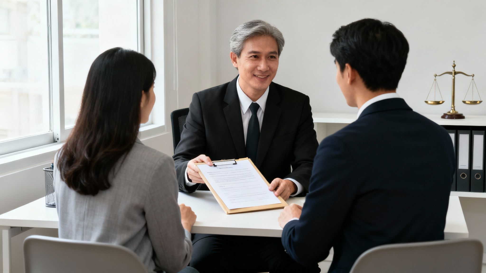 Lawyer consulting with a couple about common law marriage requirements, with legal documents on the table and a scale of justice in the background.