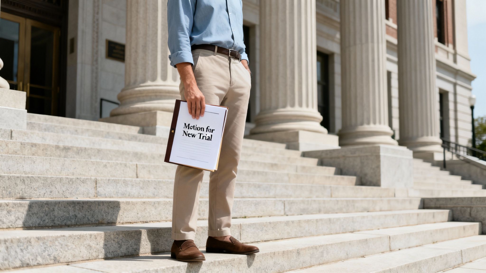 A person holds a 'Motion for New Trial' document on the steps of a courthouse.