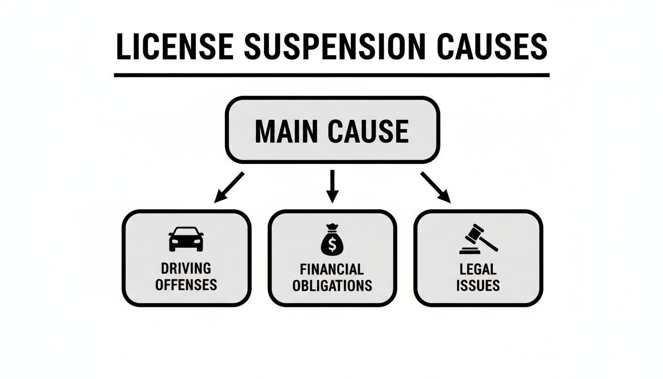 License suspension causes diagram illustrating main causes: driving offenses, financial obligations, and legal issues, relevant to DWLI charges in Texas.