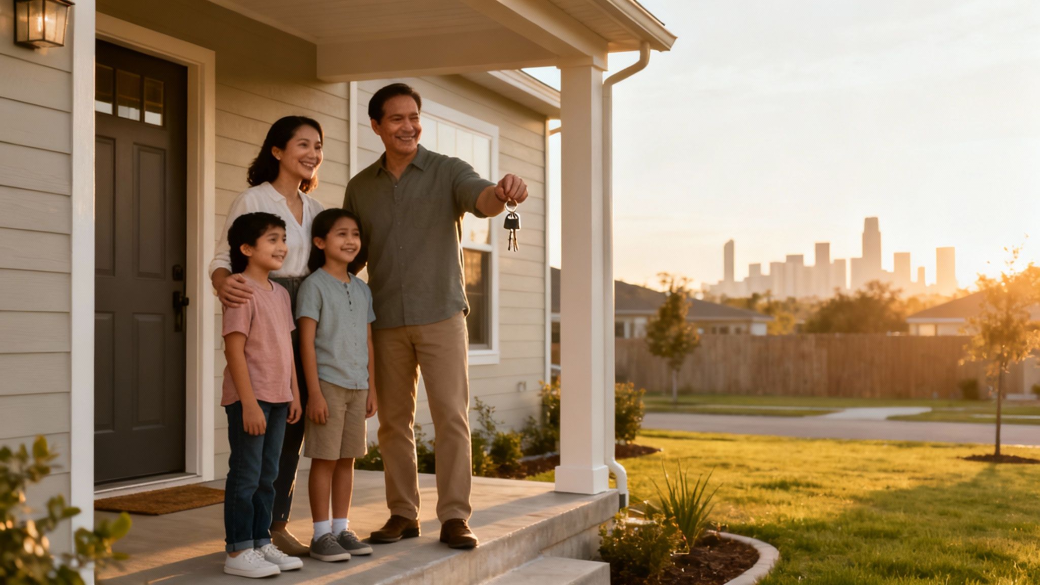 Familia latina feliz en el porche de su nueva casa con llaves en mano, atardecer y ciudad de fondo.