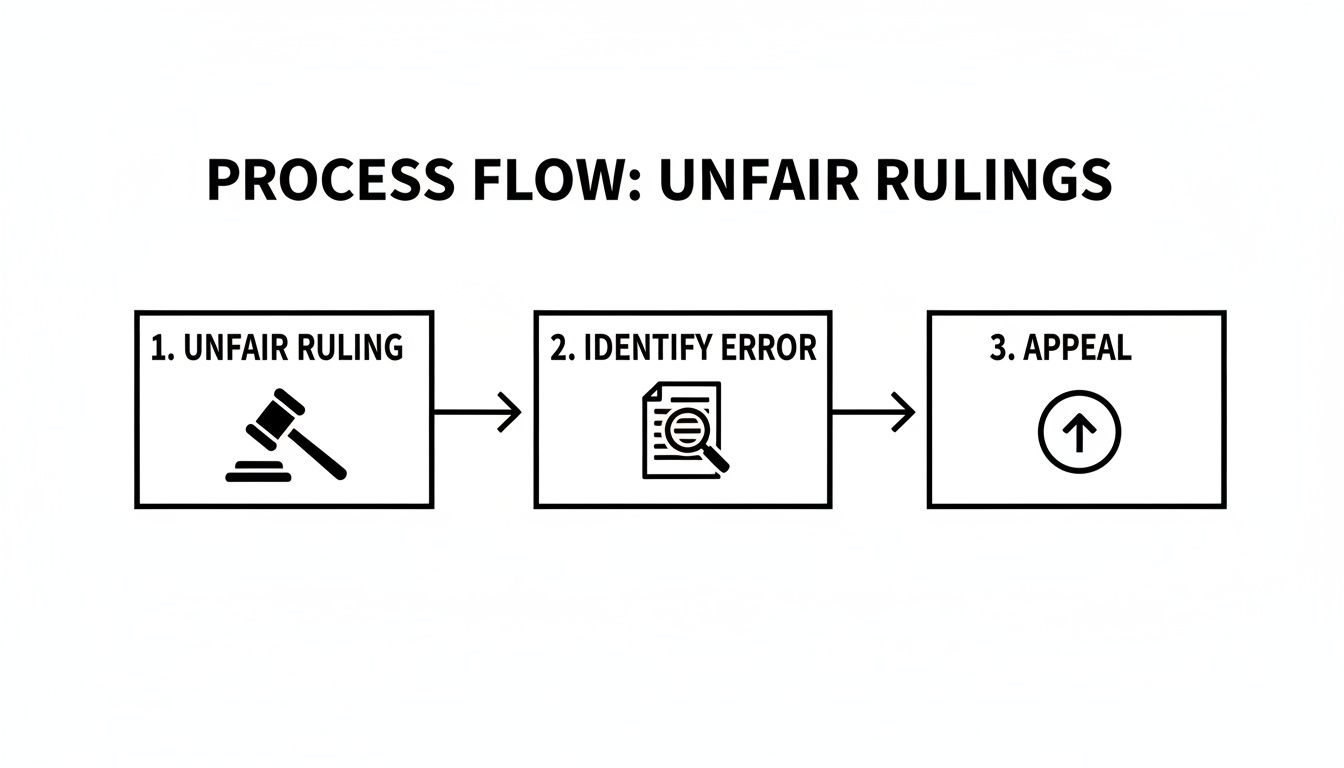 Flowchart outlining the process for appealing an unfair ruling: Unfair Ruling, Identify Error, Appeal.