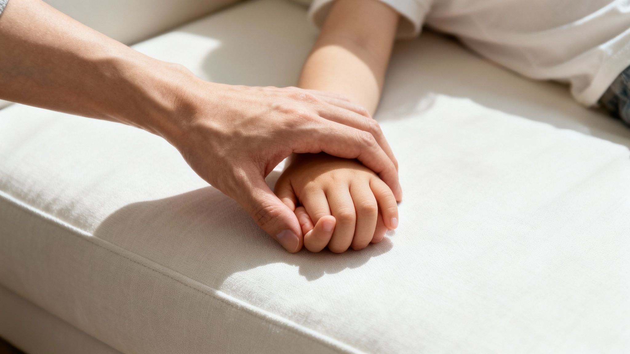 An adult's hand gently holds a child's small hand on a light-colored couch, symbolizing comfort and care.
