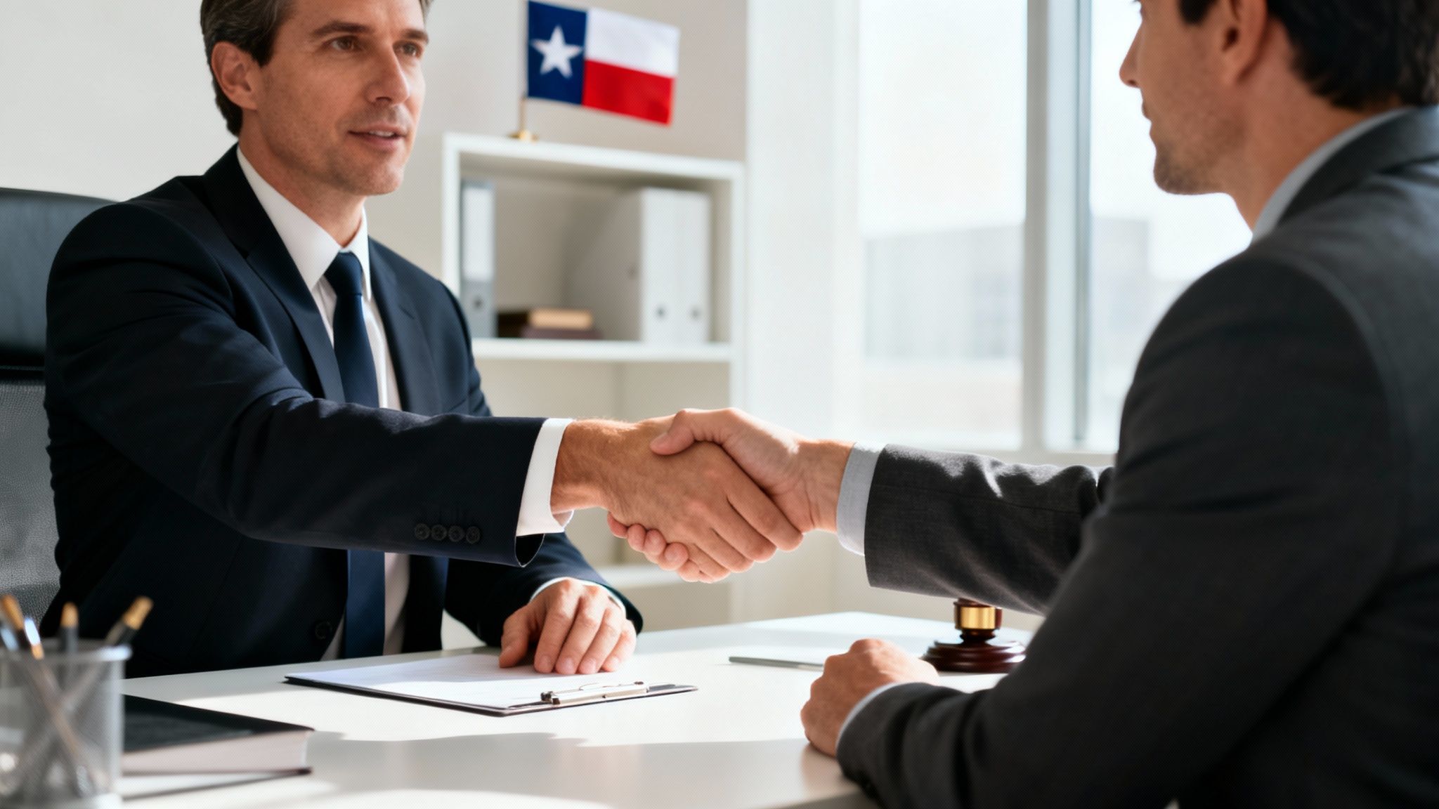 Two professionals in suits shaking hands across a desk in an office with a Texas flag.