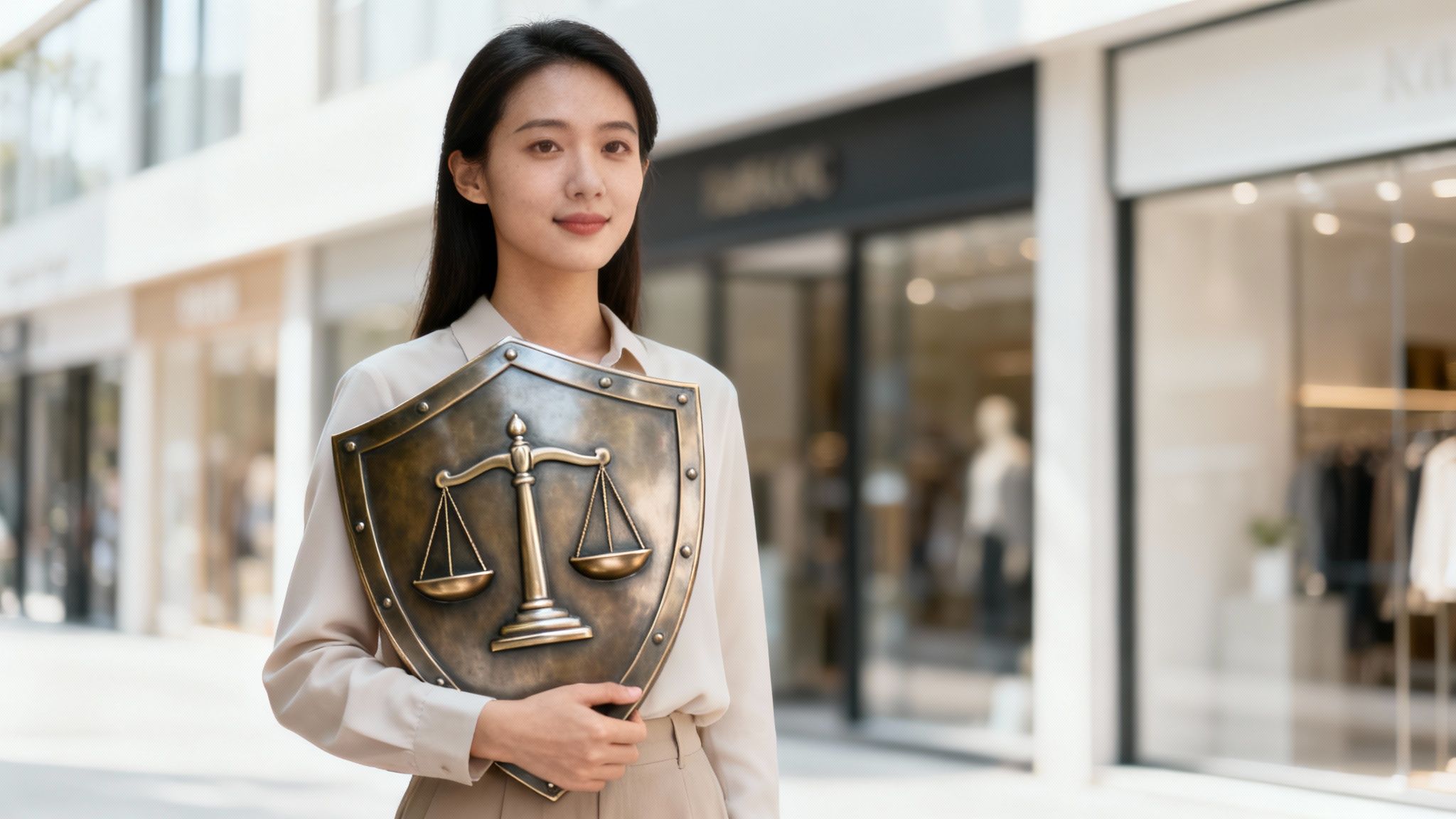Woman holding a shield with scales of justice, symbolizing consumer protection rights in Texas against deceptive business practices.