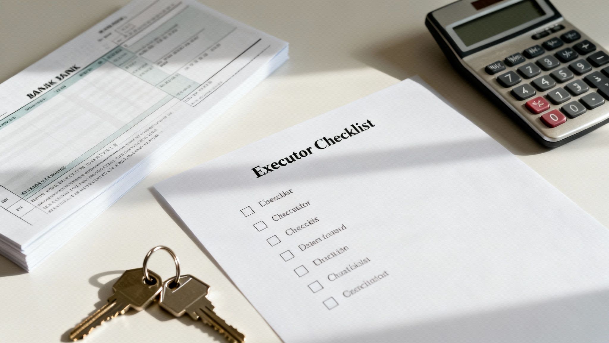 An Executor Checklist document with bank statements, a calculator, and keys on a white desk, symbolizing estate planning.