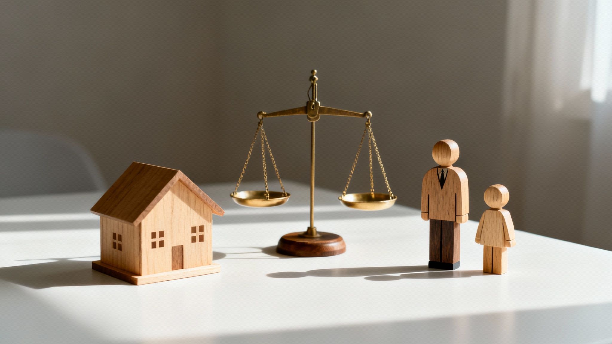 Wooden house model, scale symbolizing justice, and figurines of a father and child representing child custody rights in family law context.