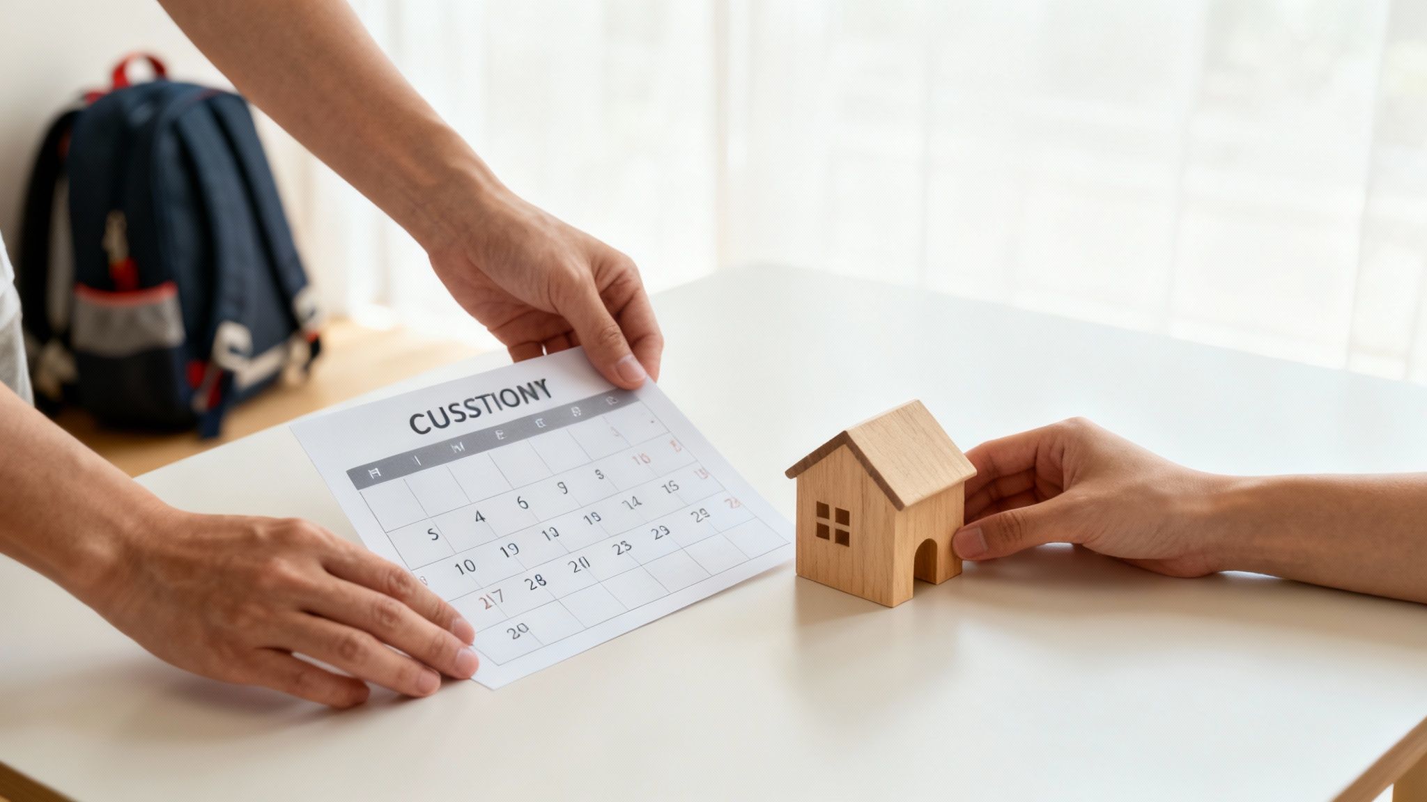 Two parents looking at a calendar together with a child nearby, symbolizing a possession order schedule.