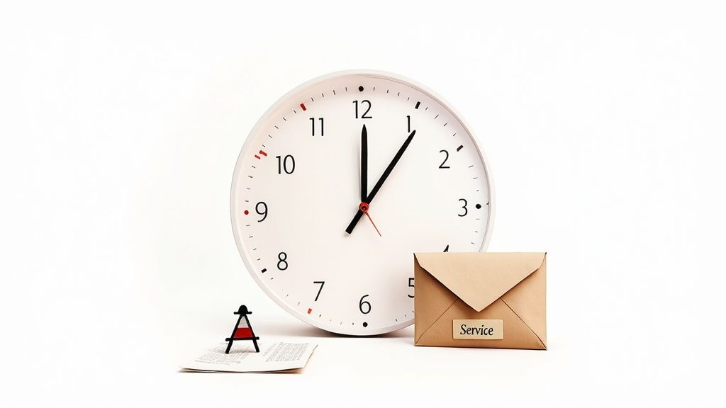Clock indicating time management and envelope labeled "Service," symbolizing legal assistance in divorce process.