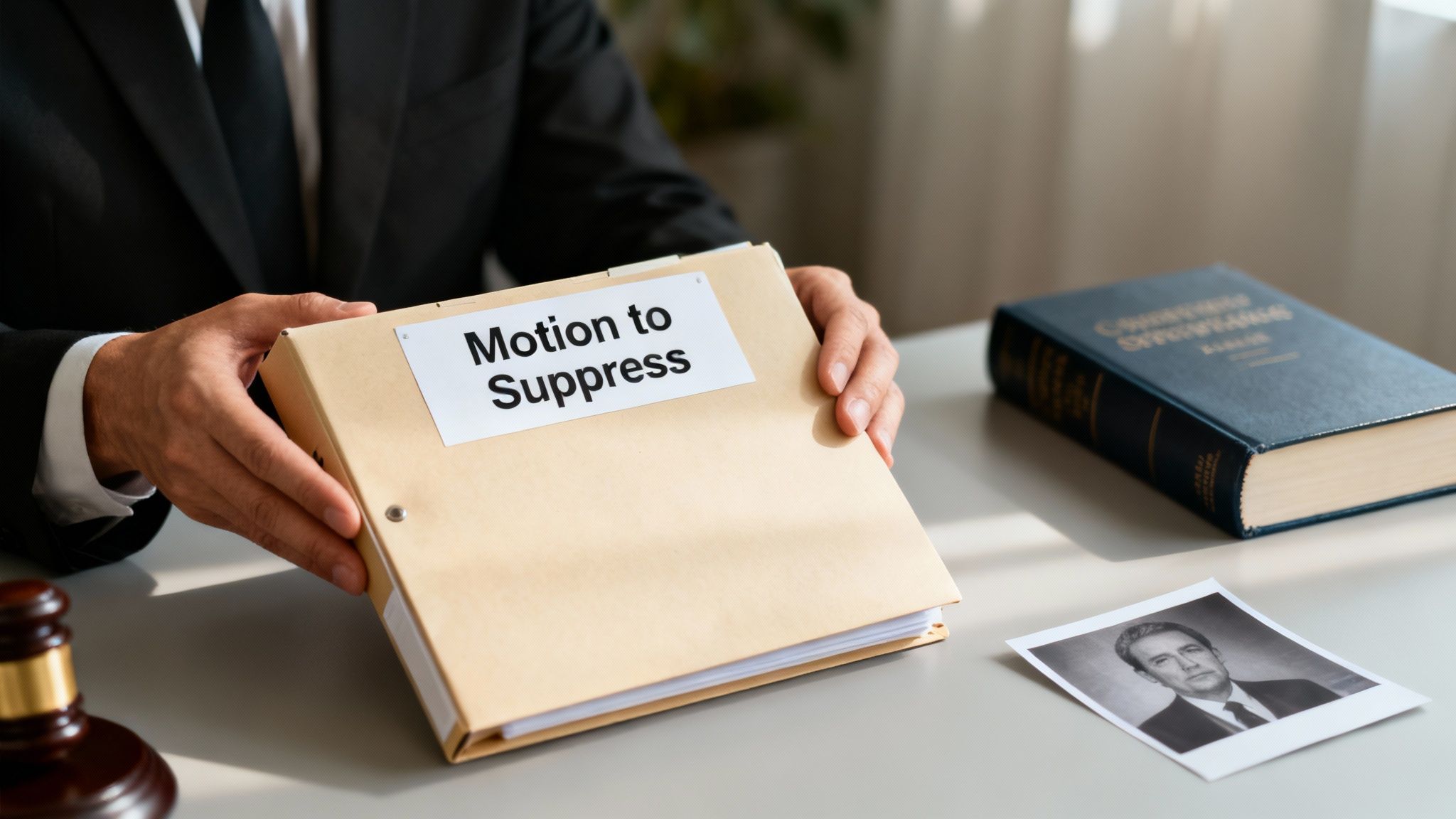 A lawyer holds a 'Motion to Suppress' legal binder with a gavel and law book on the desk.