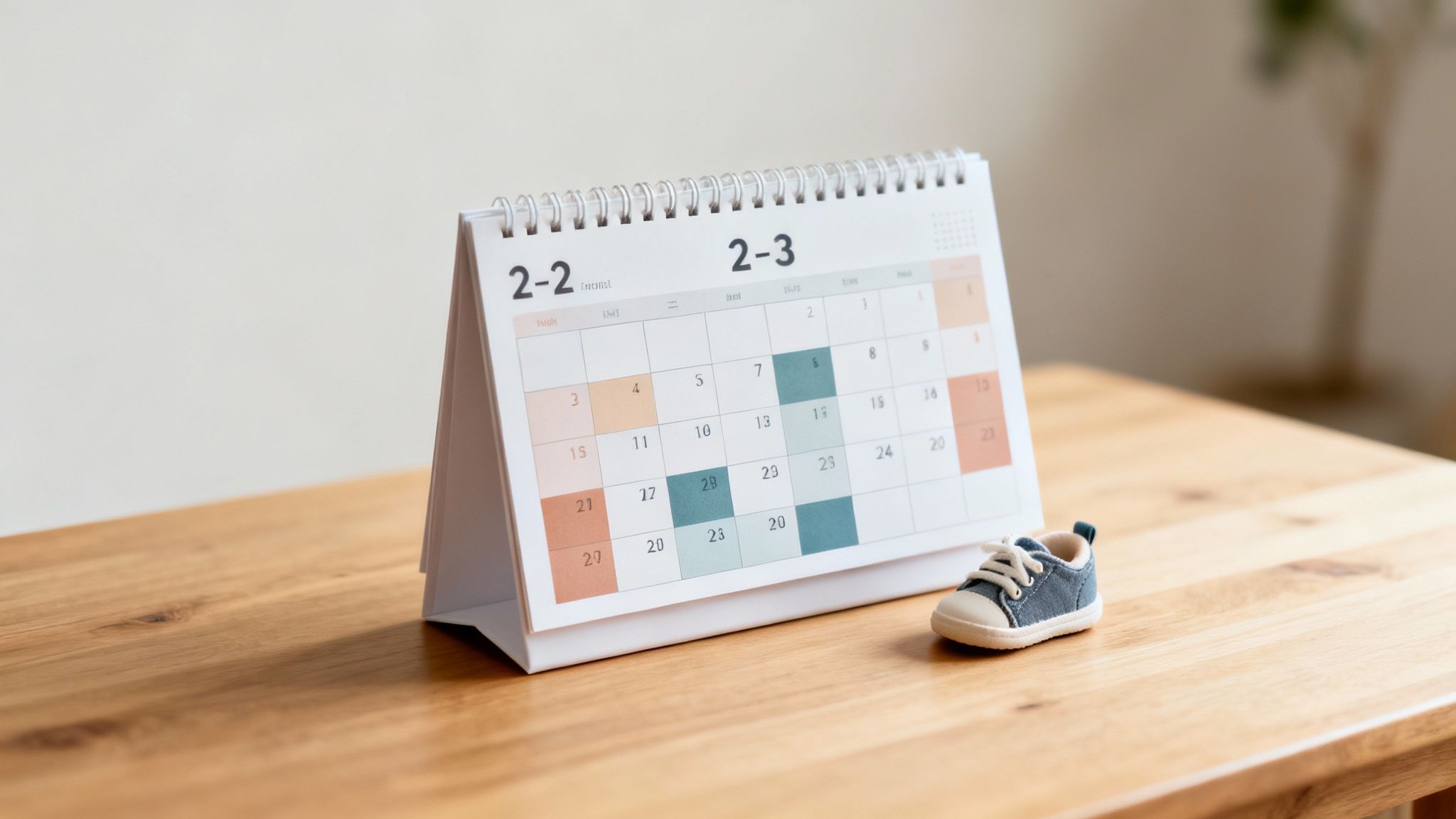 A desk calendar showing highlighted dates and a small baby shoe on a wooden table, symbolizing planning.