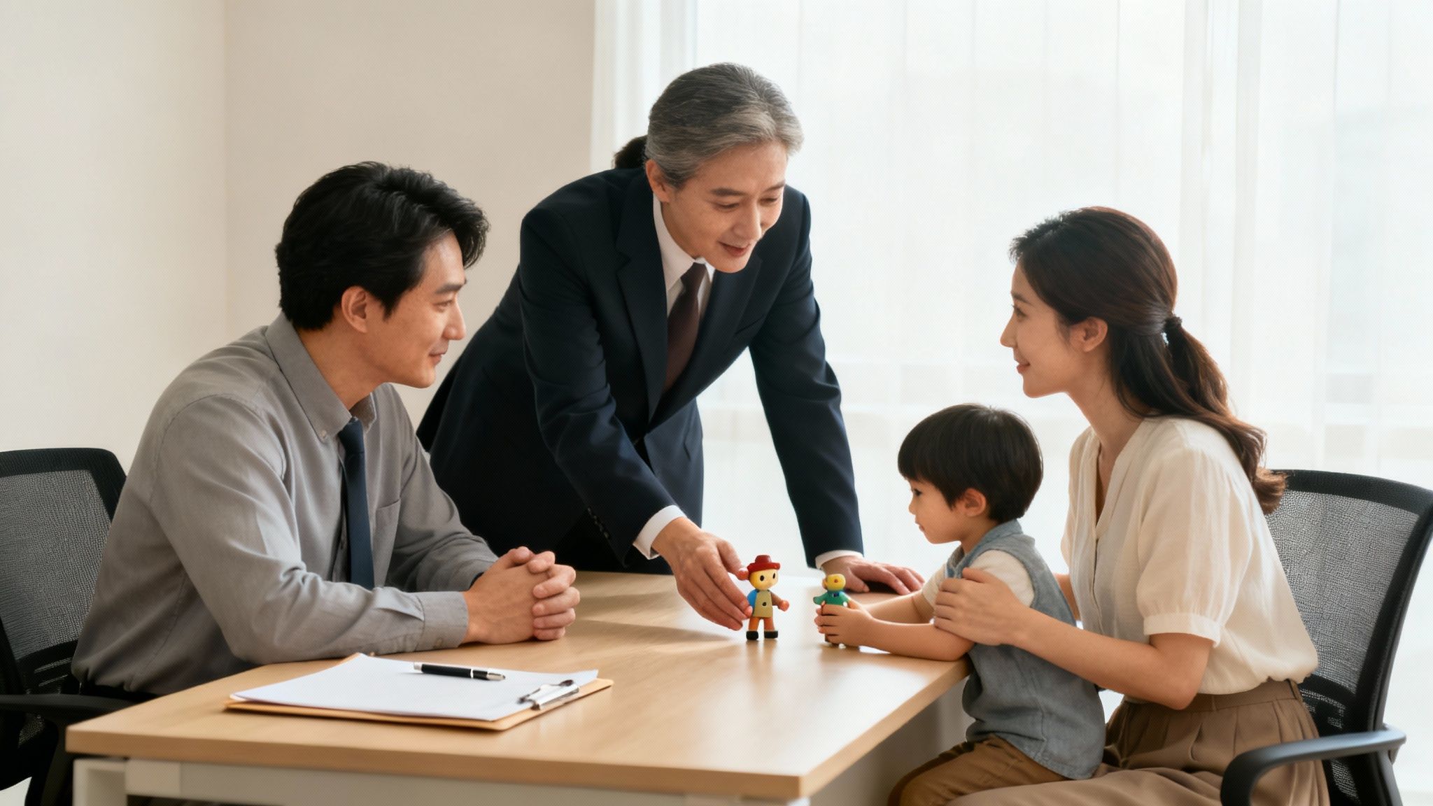 Un abogado interactúa amistosamente con un niño y sus padres en una consulta familiar.