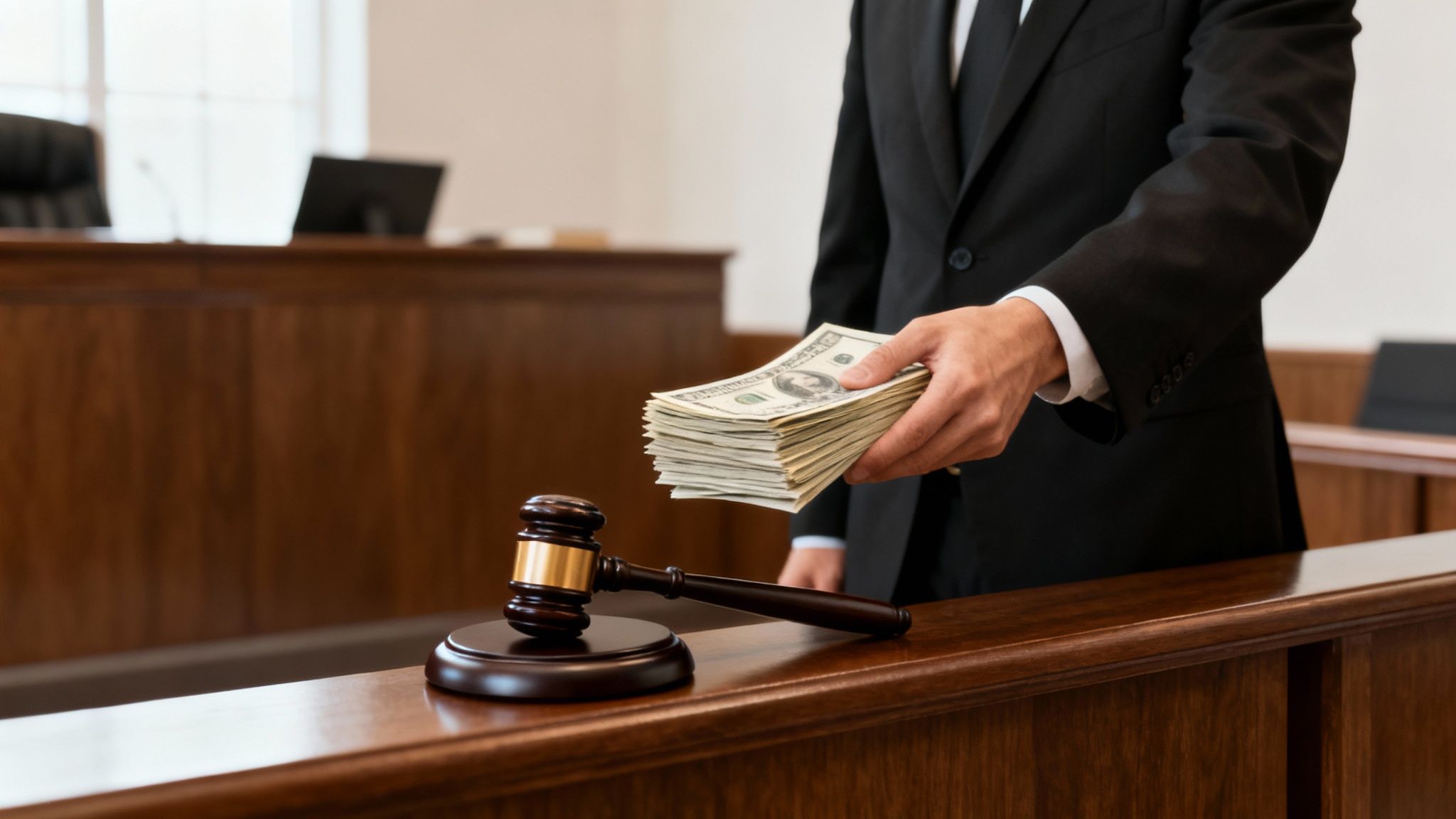 Man in a suit handing cash in a courtroom, symbolizing legal fees and costs associated with will contests in probate litigation.