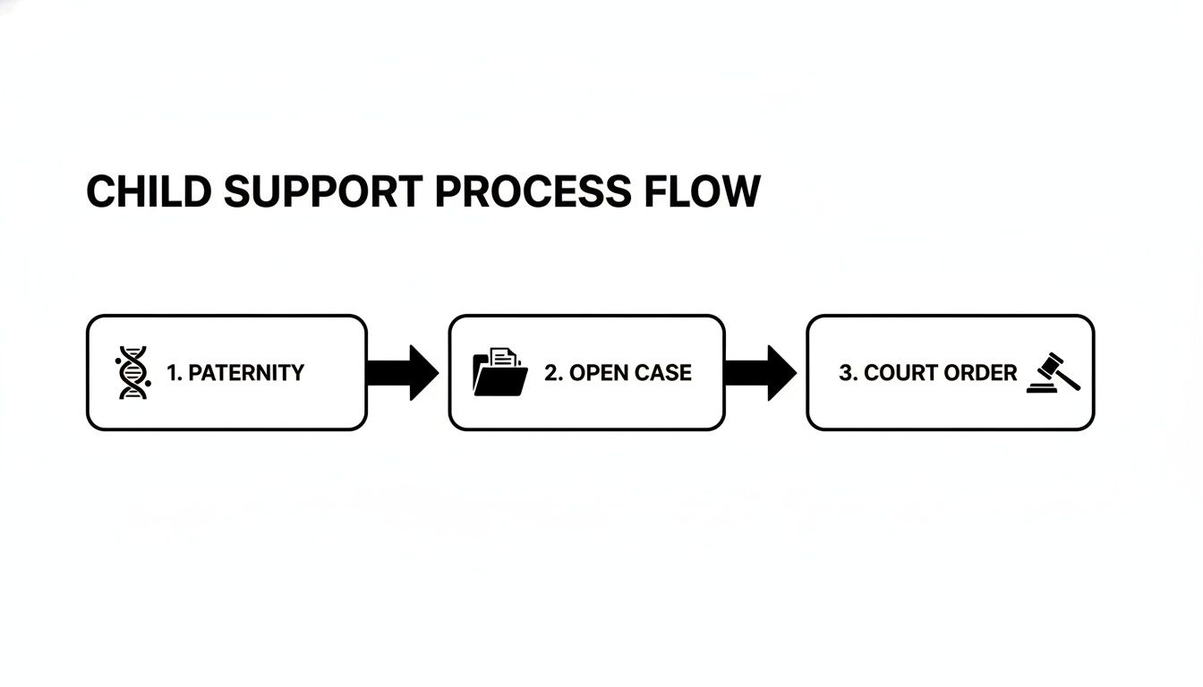 Flowchart illustrating the child support process, detailing steps from paternity to court order.