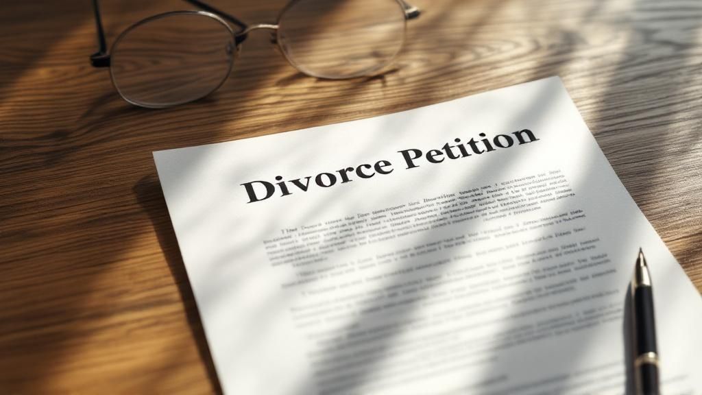 A person reviewing legal documents at a desk, looking concerned but focused.