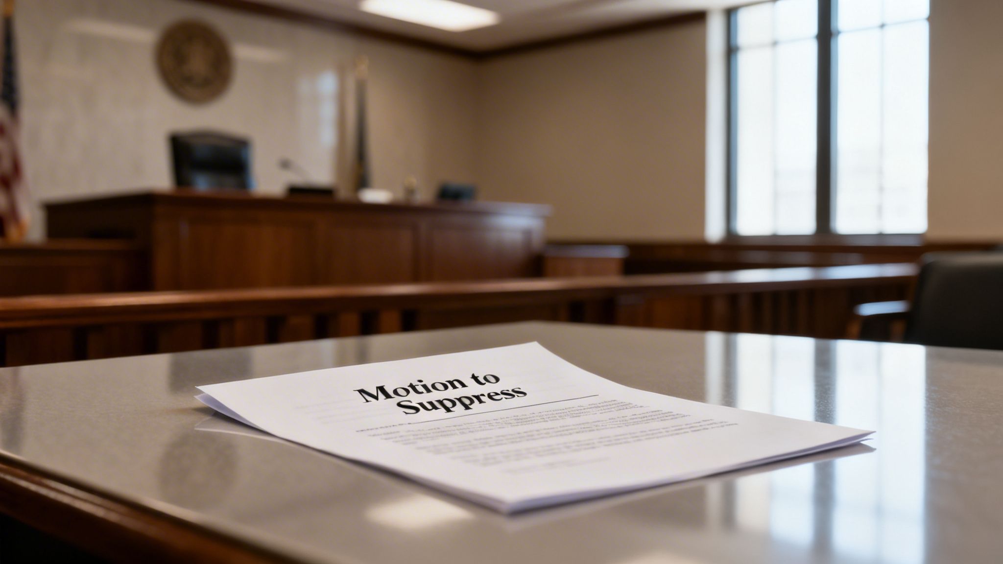 A legal document titled 'Motion to Suppress' rests on a table in a blurred courtroom.