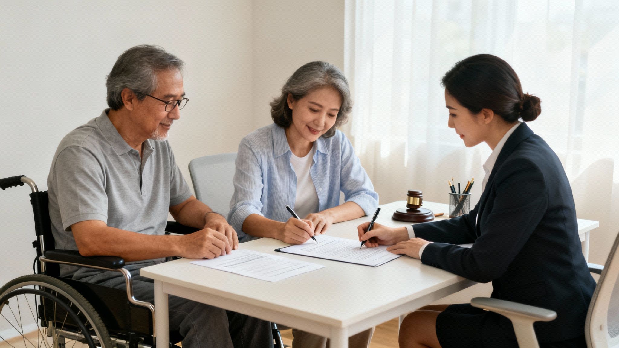 An elderly couple and a lawyer signing important legal documents at a table.