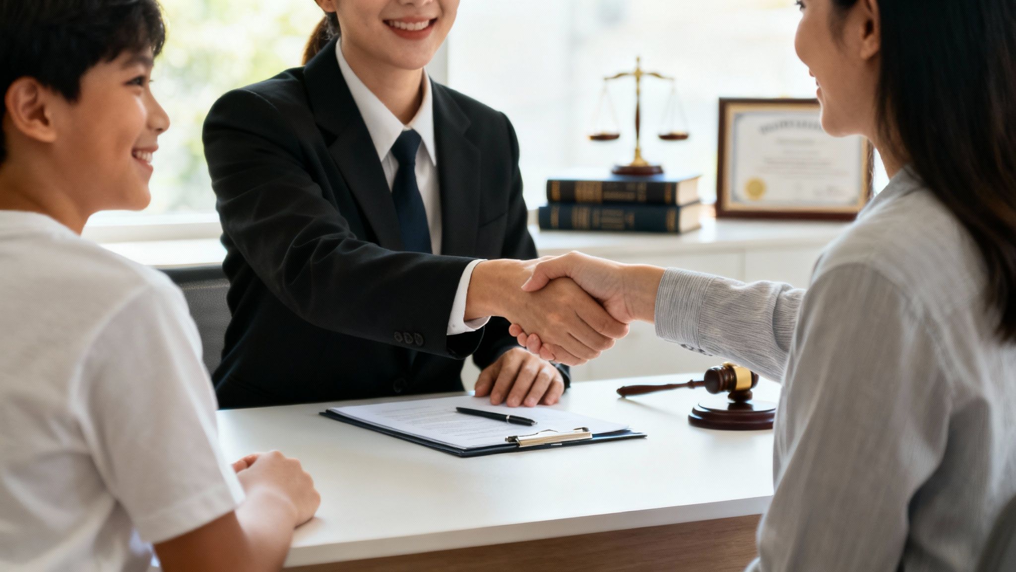 A compassionate family law attorney discusses paperwork with a smiling couple in an office setting.