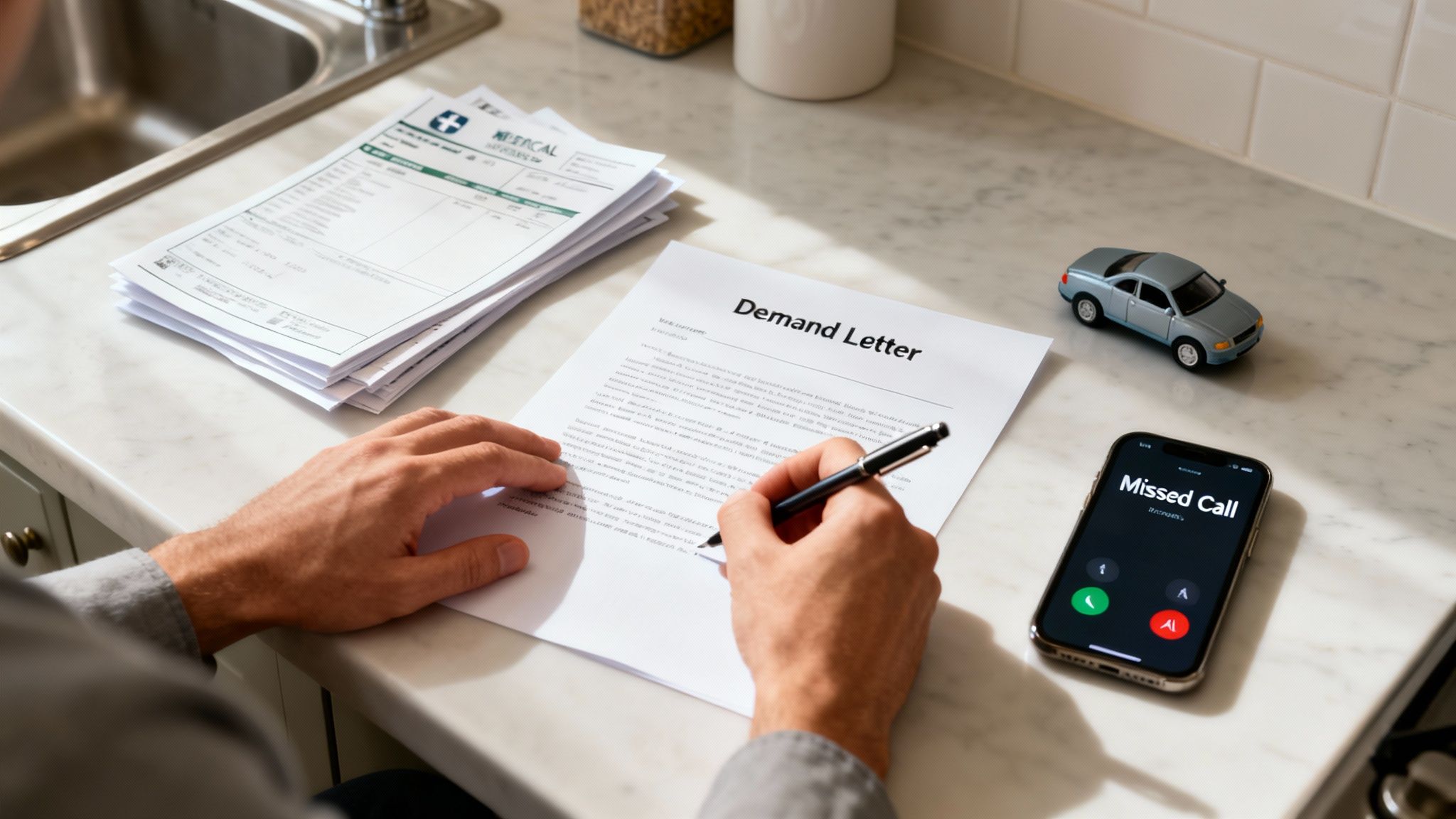 A person writes a demand letter, surrounded by medical bills, a toy car, and a phone with a missed call.