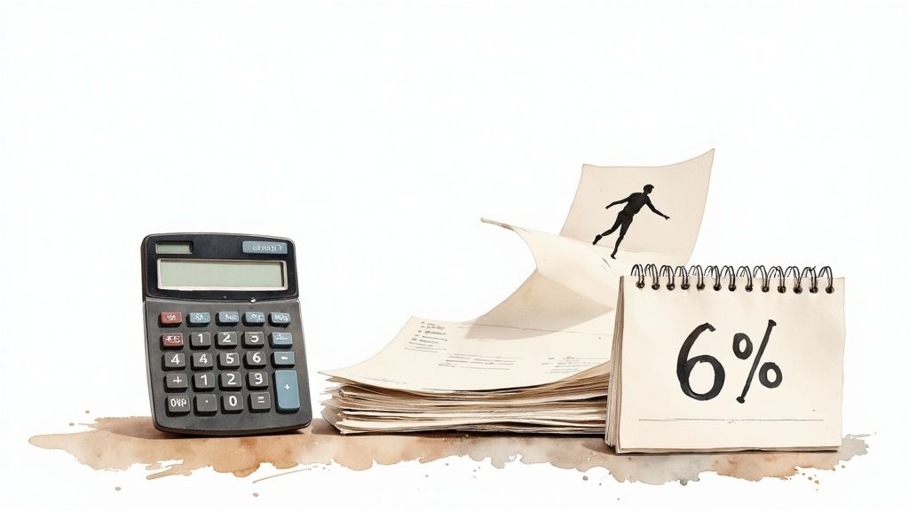 A calculator, stack of papers, a person silhouette, and a 6% sign on a white background.