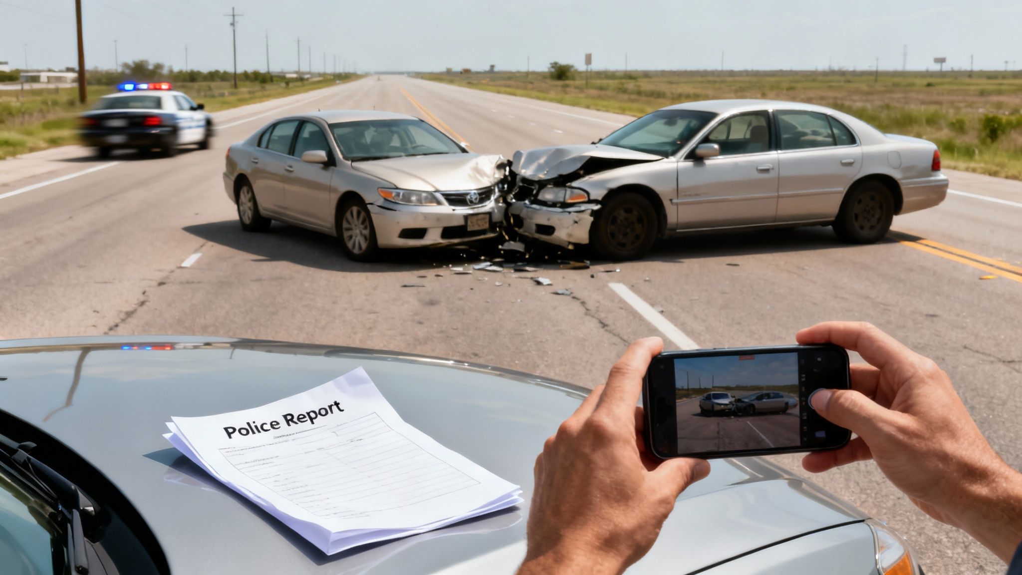 Hands taking phone photo of two crashed cars and a police report at an accident scene.
