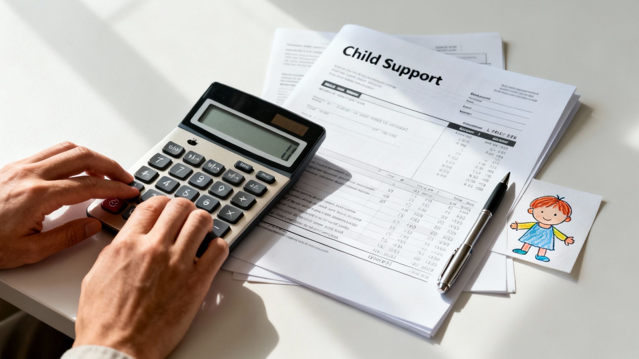 Hands using a calculator to determine child support, with documents and a child's drawing.