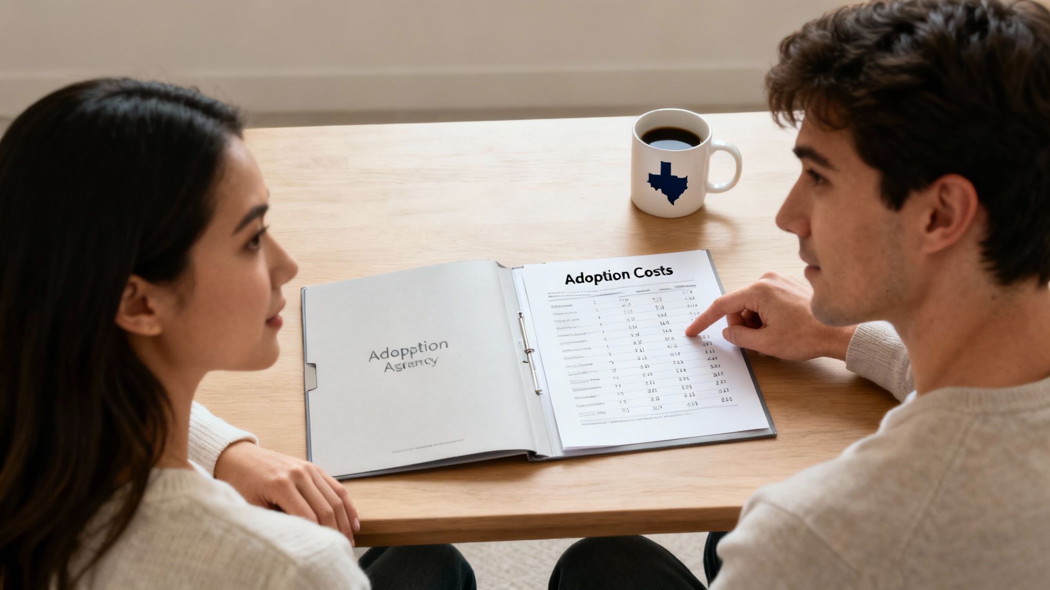 Two people examine a document titled "Adoption Costs" at a table, with a Texas map on a mug.