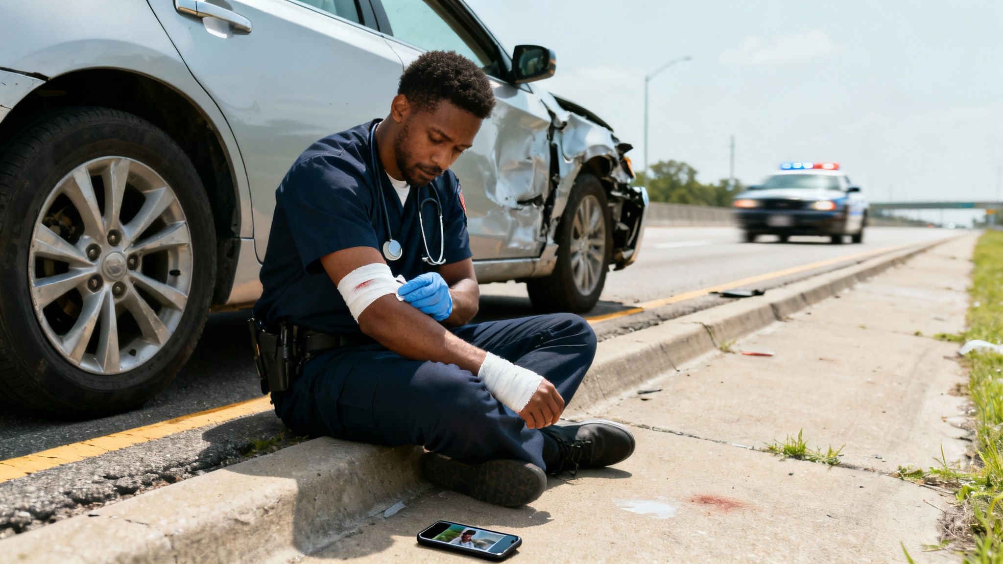 A first responder attending to an injured person at the scene of a car accident.