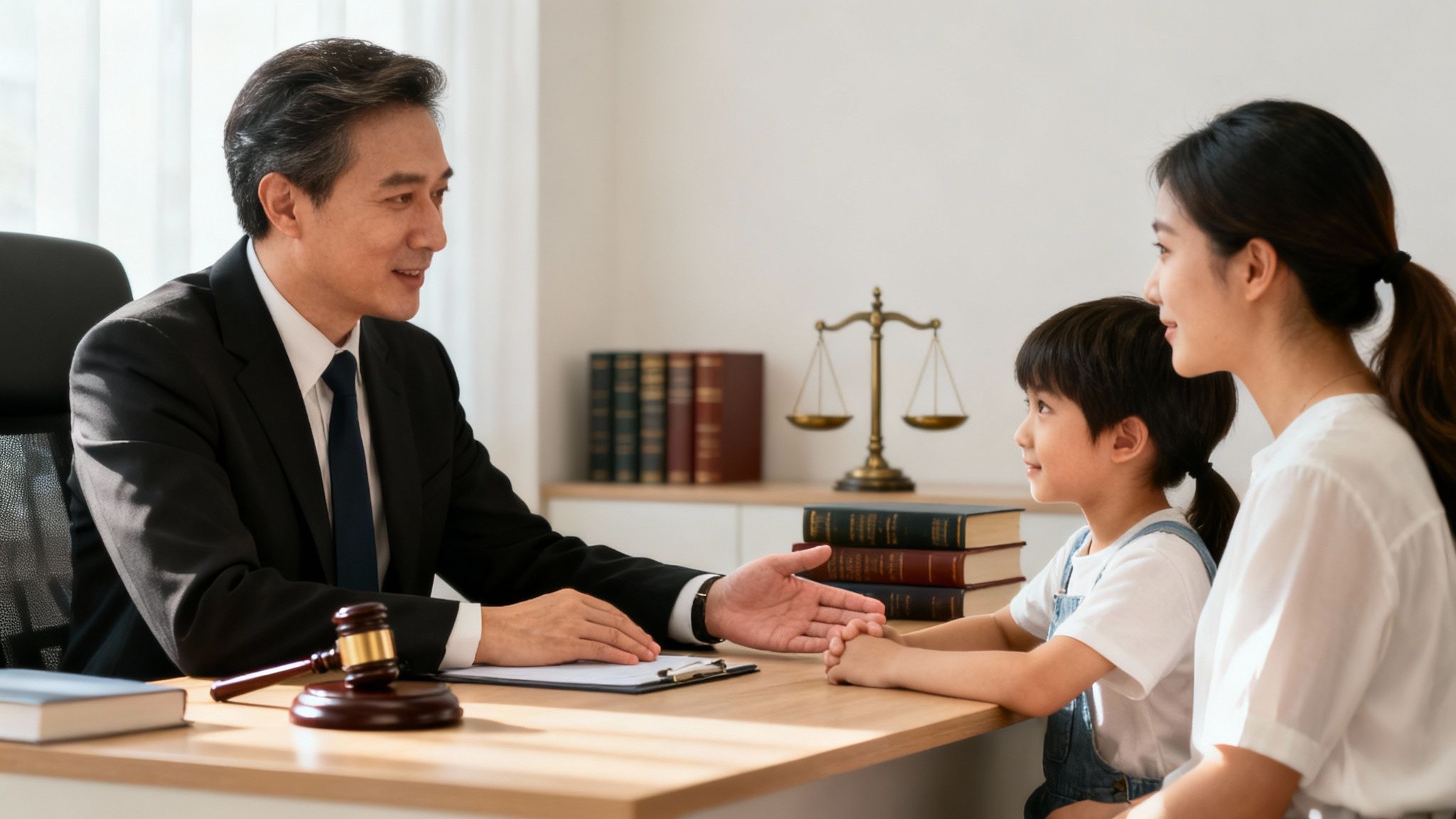 A lawyer consults a mother and her child in a professional office setting with legal symbols.