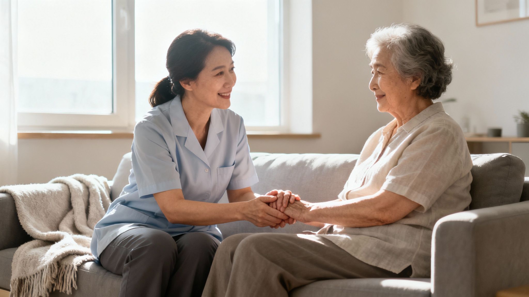A woman and her elderly mother sharing a comforting moment.