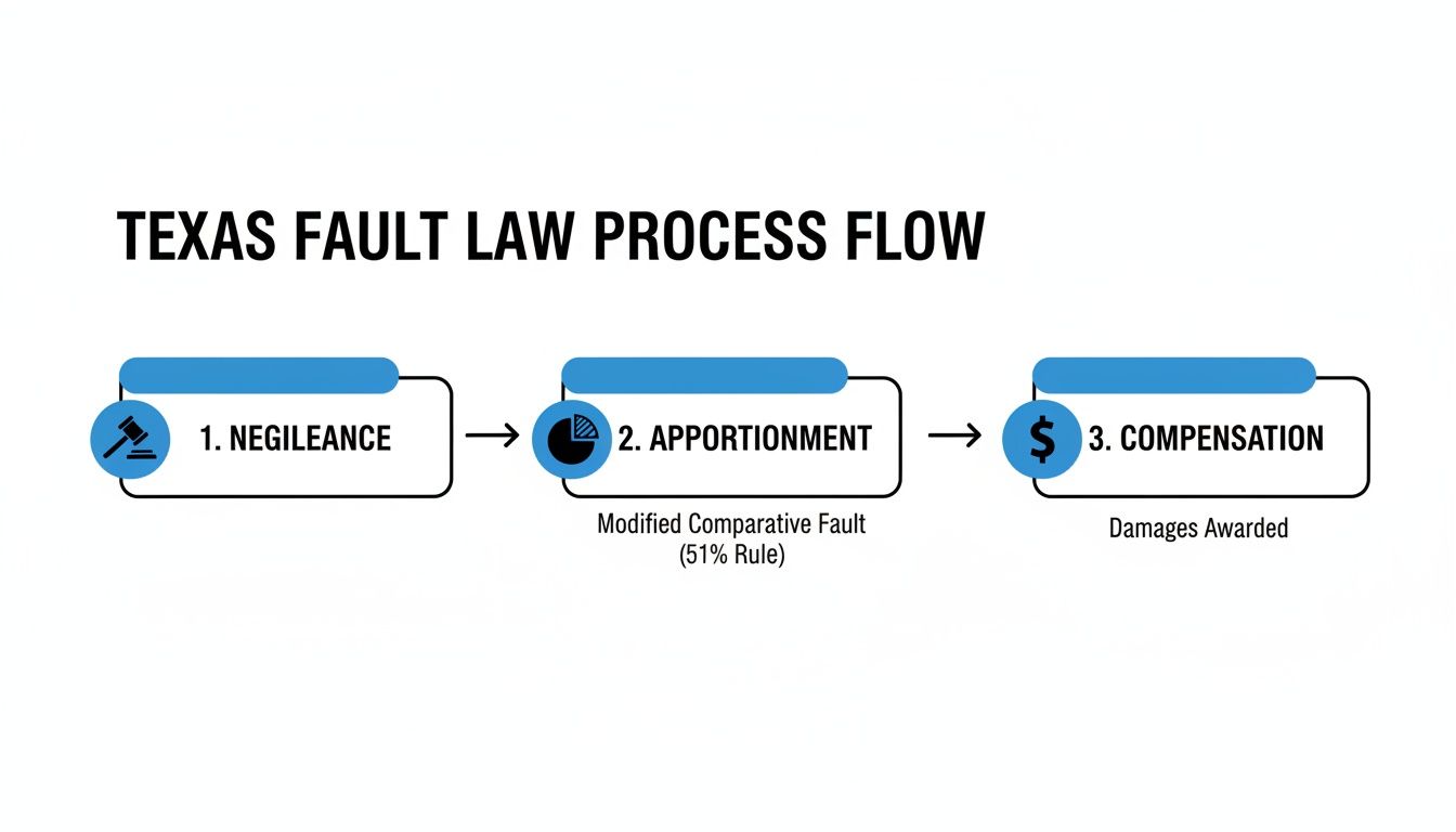 A flow chart illustrating the Texas Fault Law Process, detailing steps: Negligence, Apportionment with the 51% Rule, and Compensation.