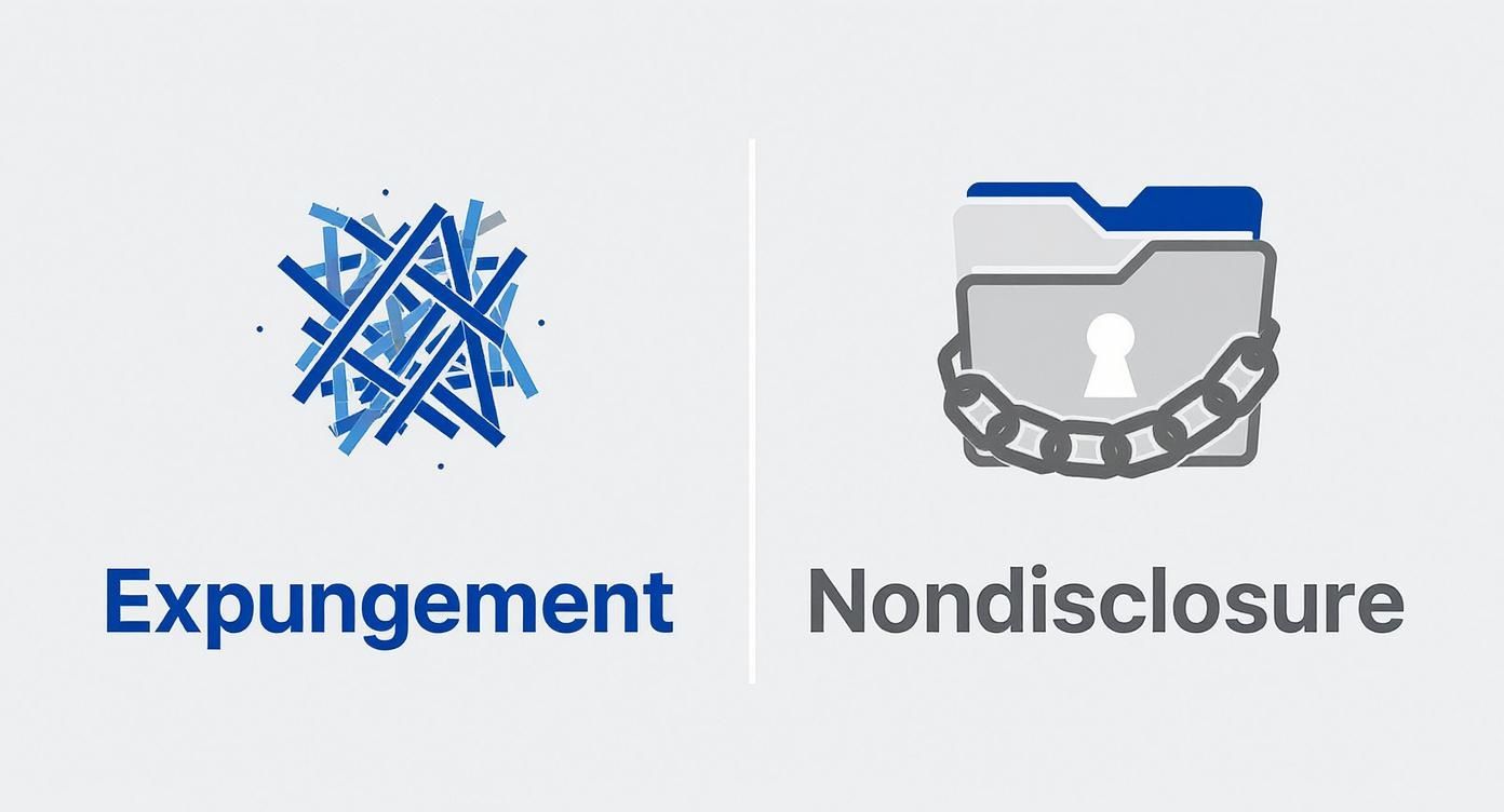An illustration comparing expungement with shredded paper and nondisclosure represented by a chained, locked folder.