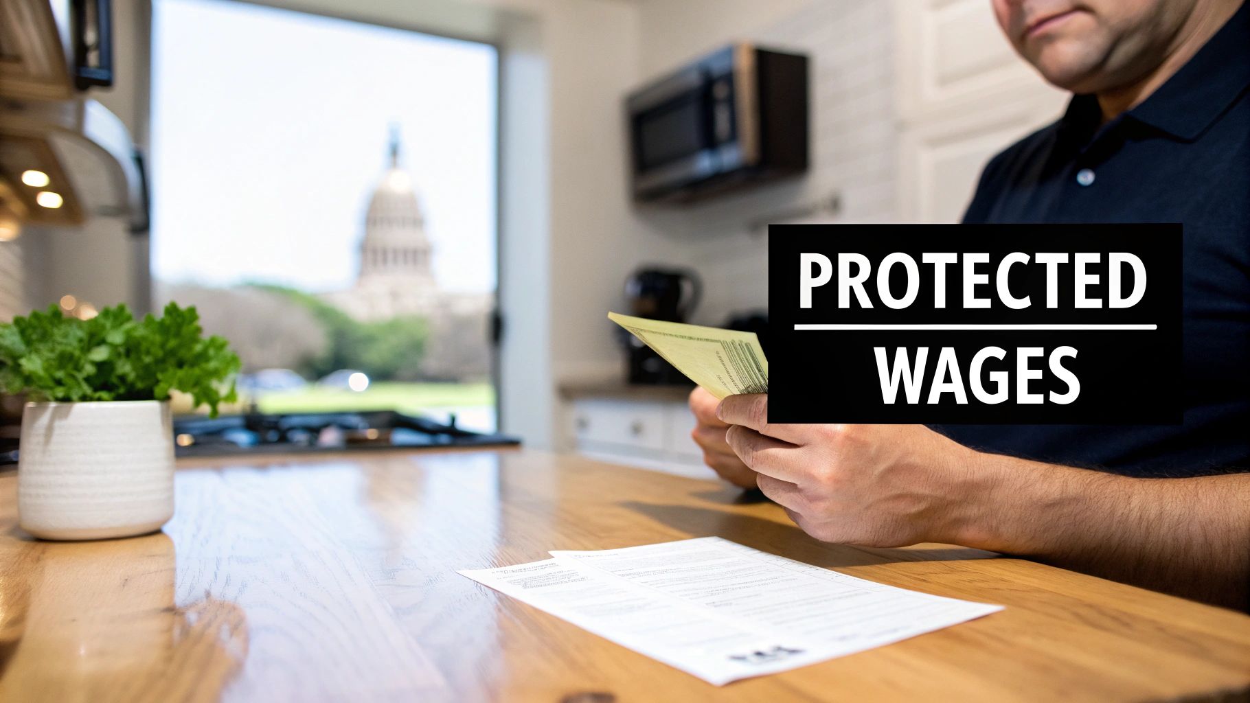 Hands holding cash over a document, with a 'Protected Wages' sign and a capitol building in the background.