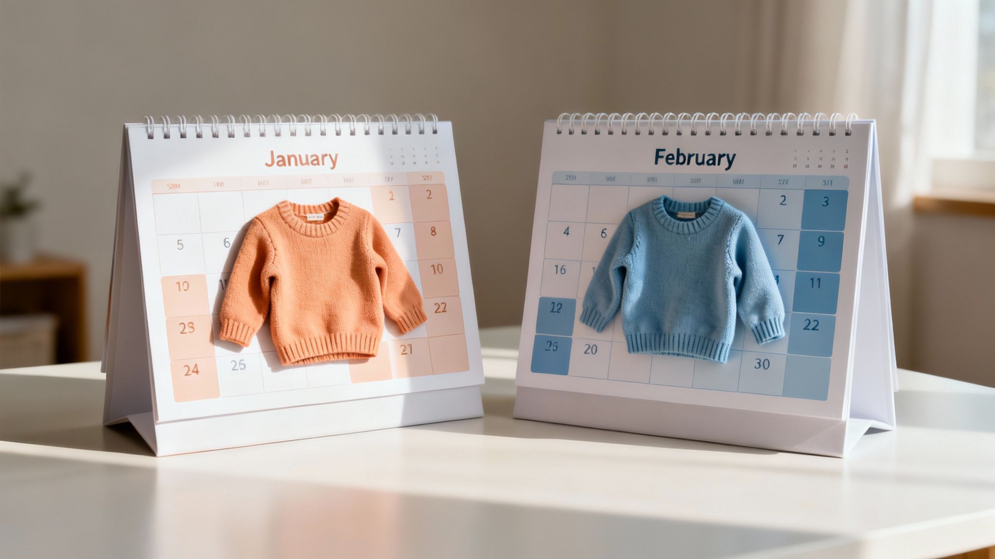 Two desk calendars for January and February, each with a tiny baby sweater on a bright table.