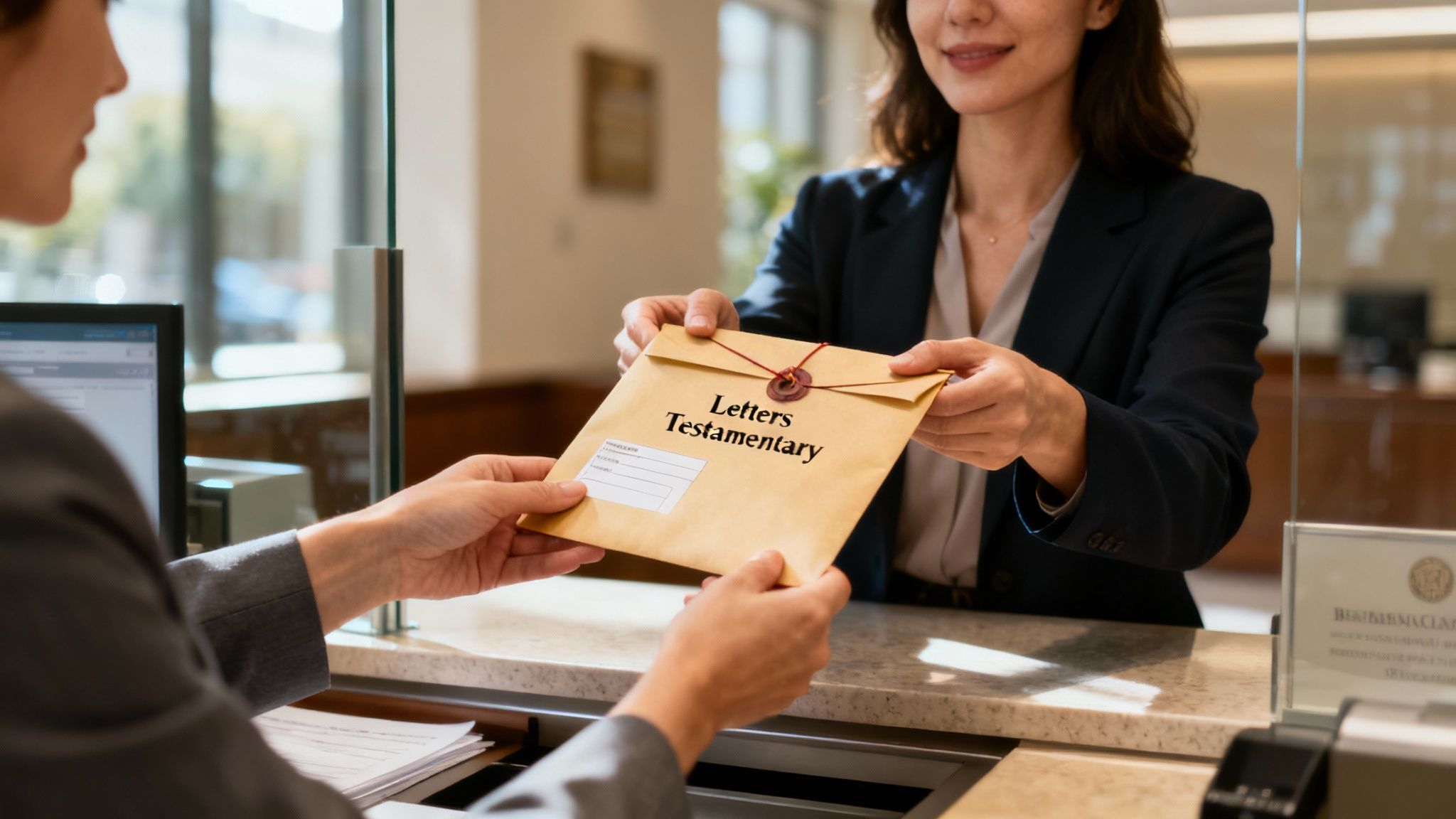 A person sitting at a desk, reviewing a formal legal document with a pen, conveying responsibility.