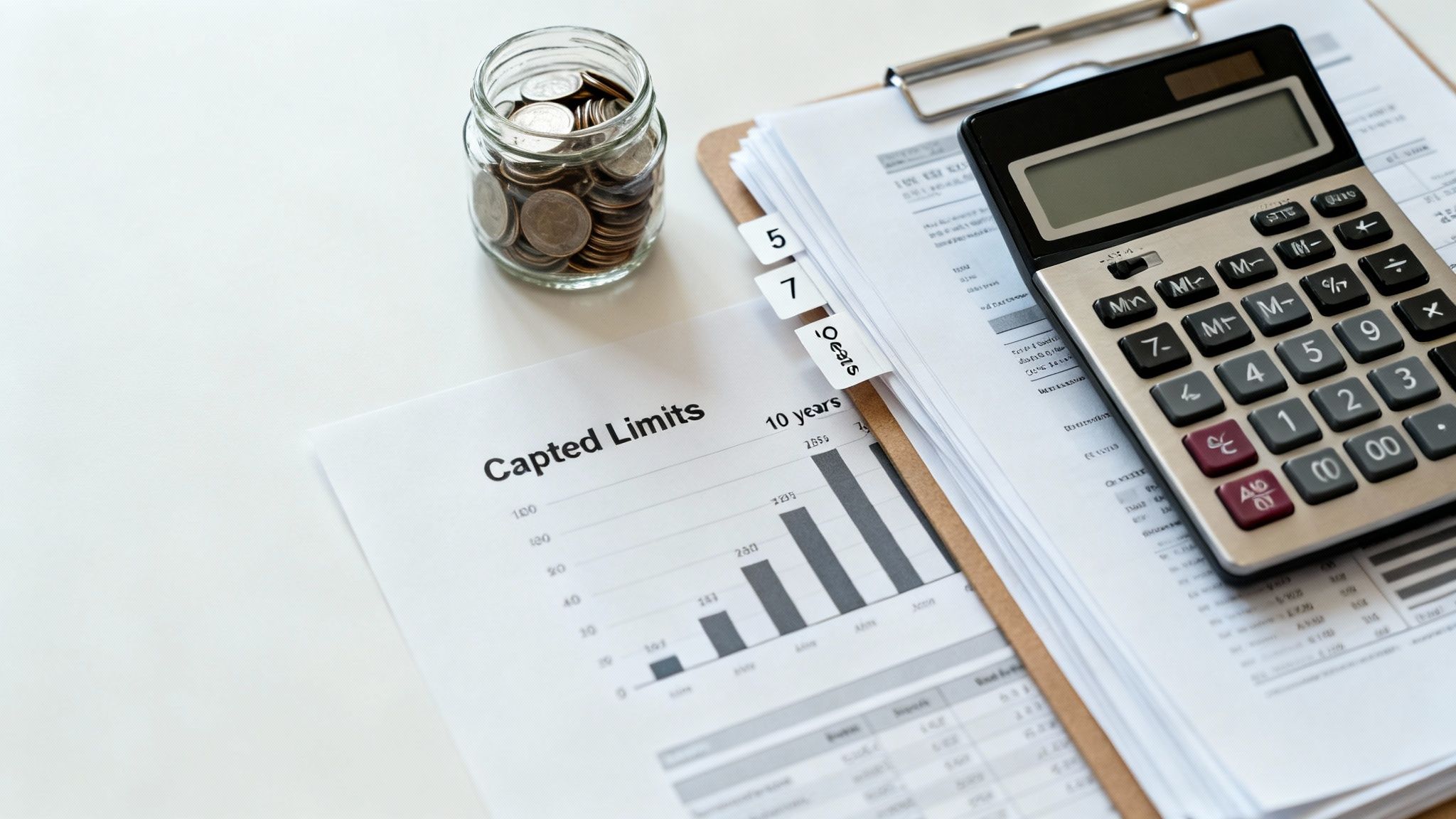 A desk with a jar of coins, financial documents, a calculator, and charts.