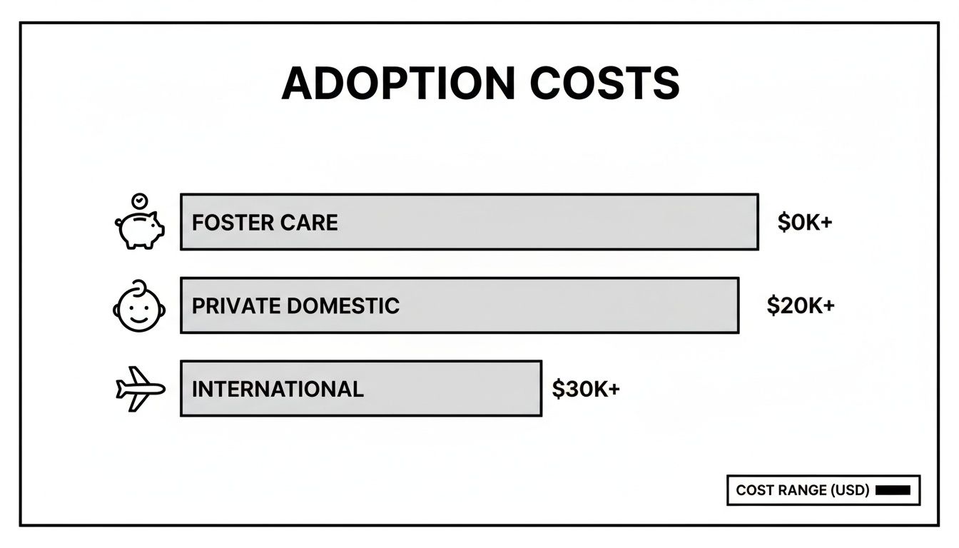 A chart illustrating adoption costs: Foster Care at $0K+, Private Domestic at $20K+, and International at $30K+.