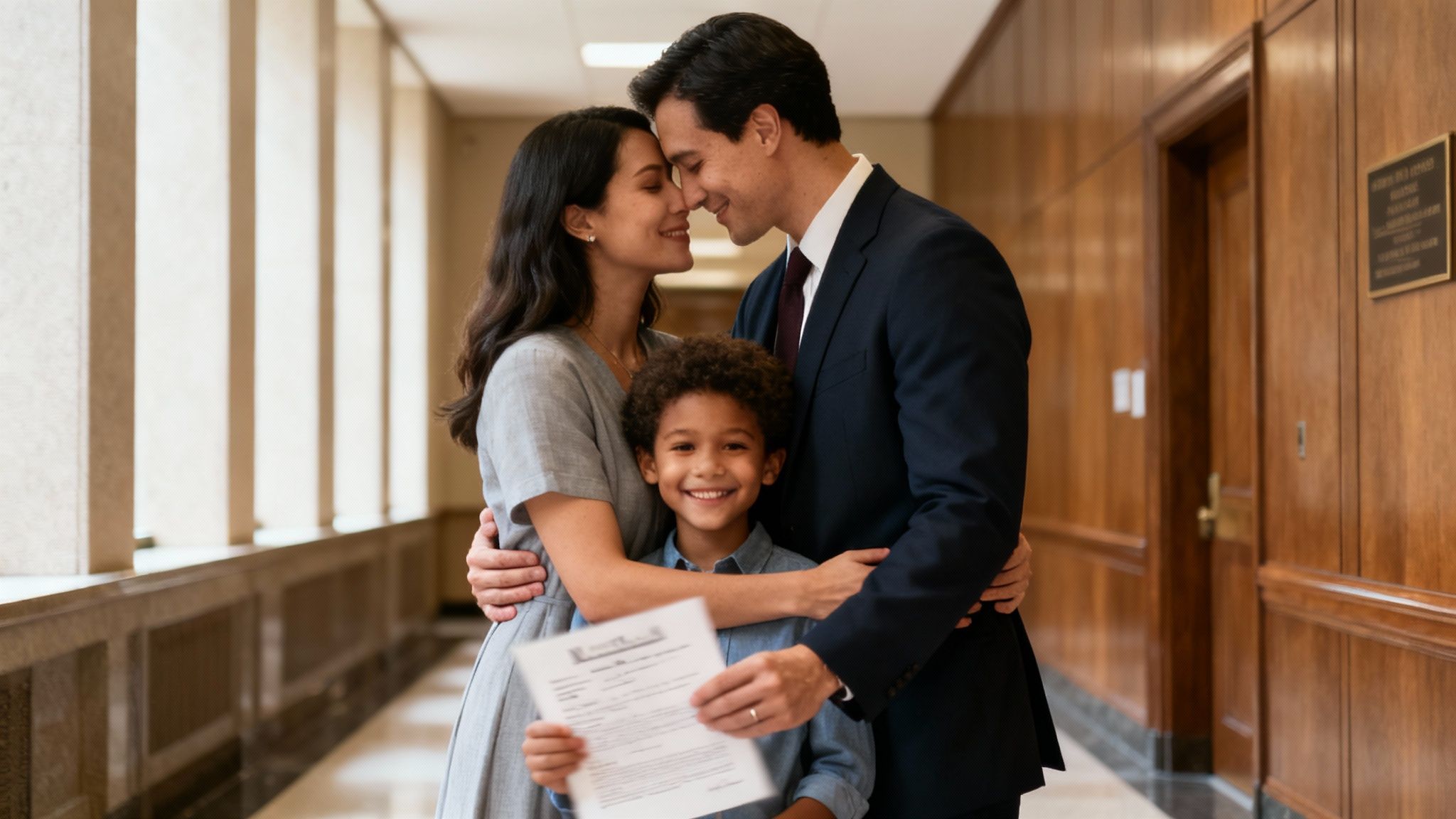 A judge smiles warmly, handing a gavel to a young child sitting with their new adoptive parents in a courtroom.