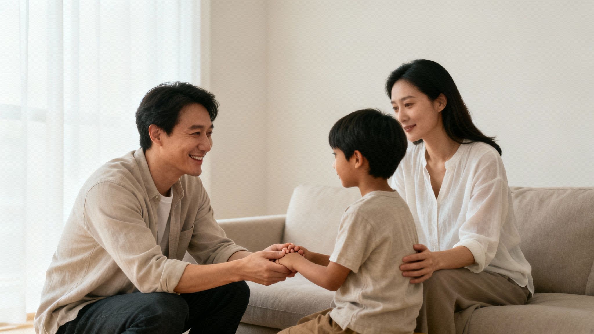 An Asian father holds his son's hands, smiling, while the mother watches warmly.