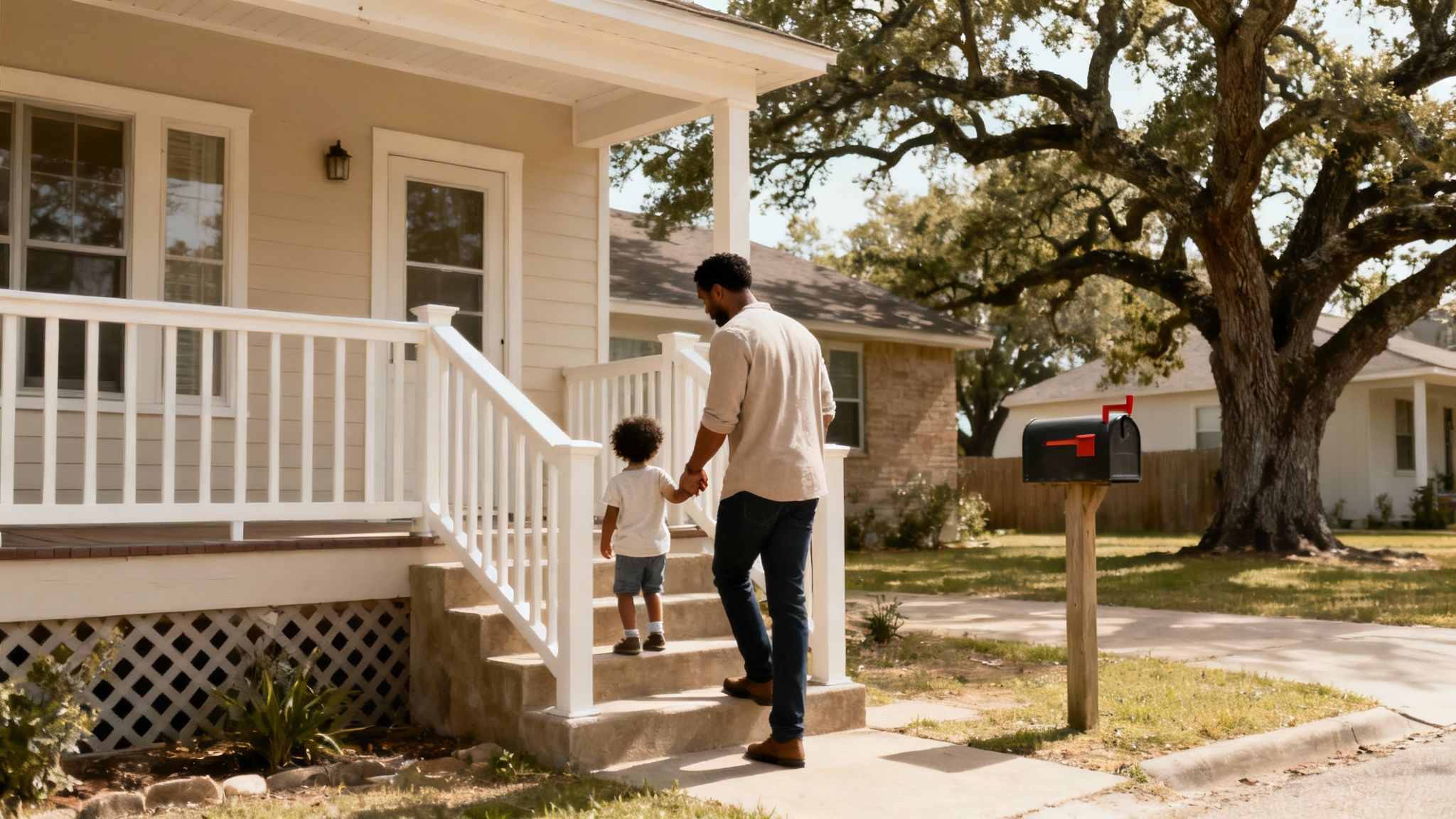 Father and son walking up steps to a home, symbolizing family unity and custody considerations in Texas.