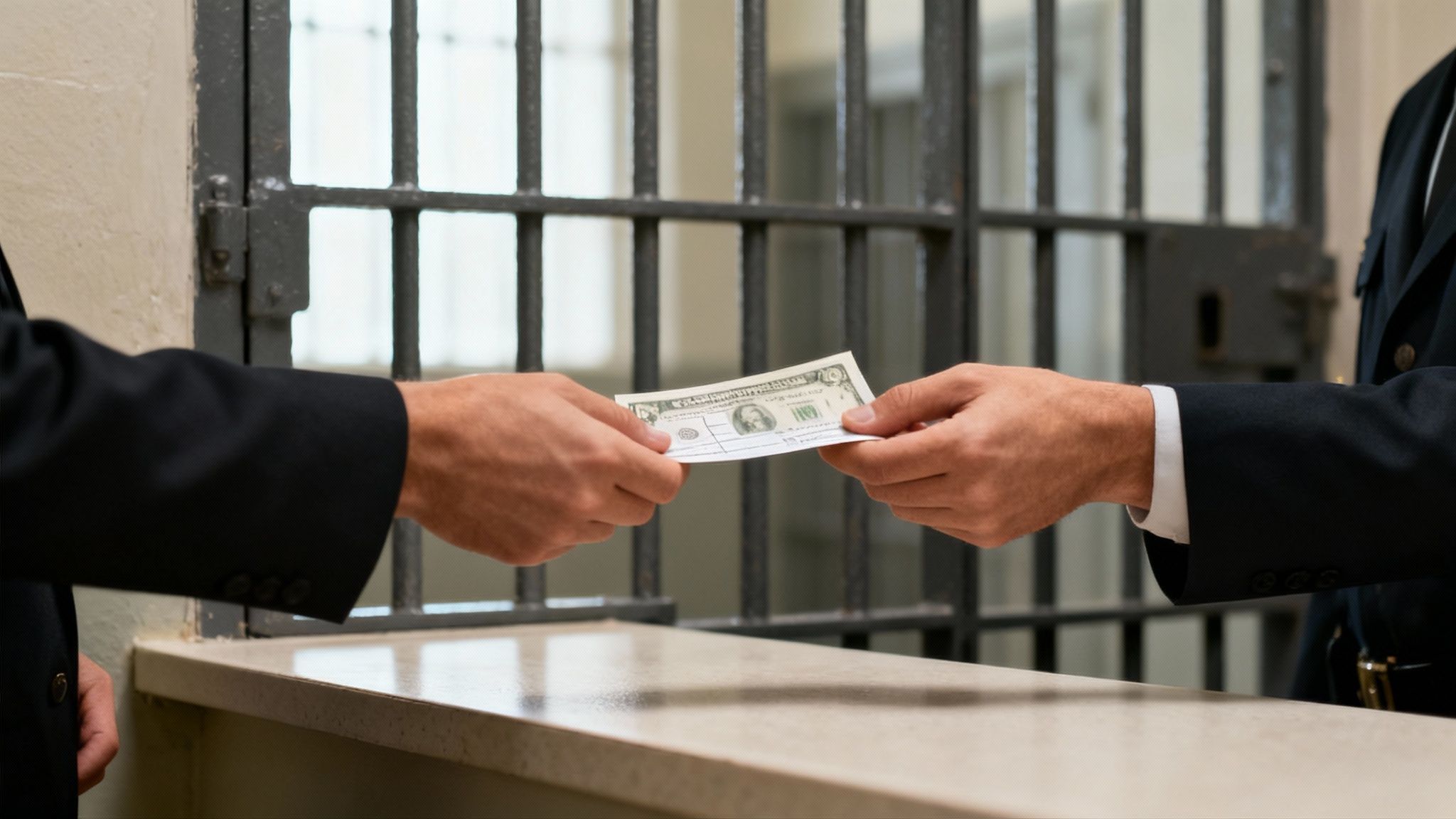 Hands exchanging cash at a jail counter, illustrating the bail process in criminal defense.