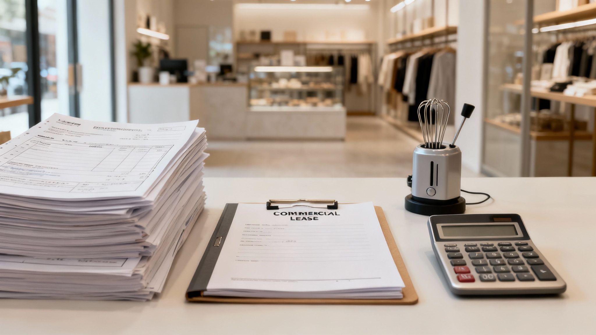 A desk with a commercial lease document, stacked papers, calculator, and a utensil holder.