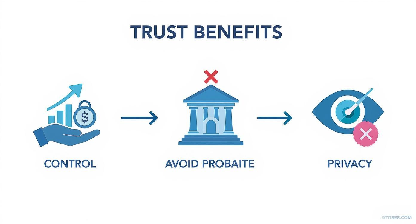 Trust benefits graphic illustrating control, avoidance of probate, and privacy in estate planning.