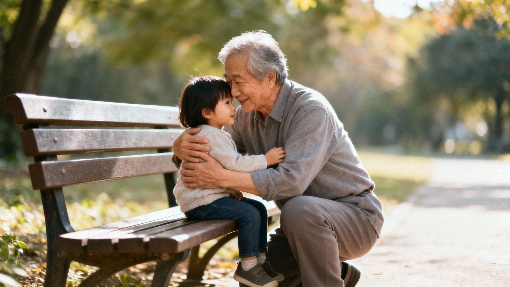 A grandfather embracing his grandchild on a park bench, sharing a tender and happy moment.