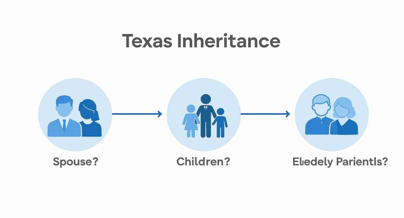 Texas inheritance flowchart showing distribution hierarchy from spouse to children to elderly parents