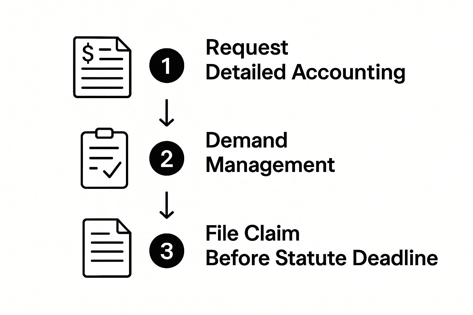 An infographic showing the process for a beneficiary to take action: 1. Request Detailed Accounting, 2. Demand Management Information, 3. File Claim Before Statute Deadline.