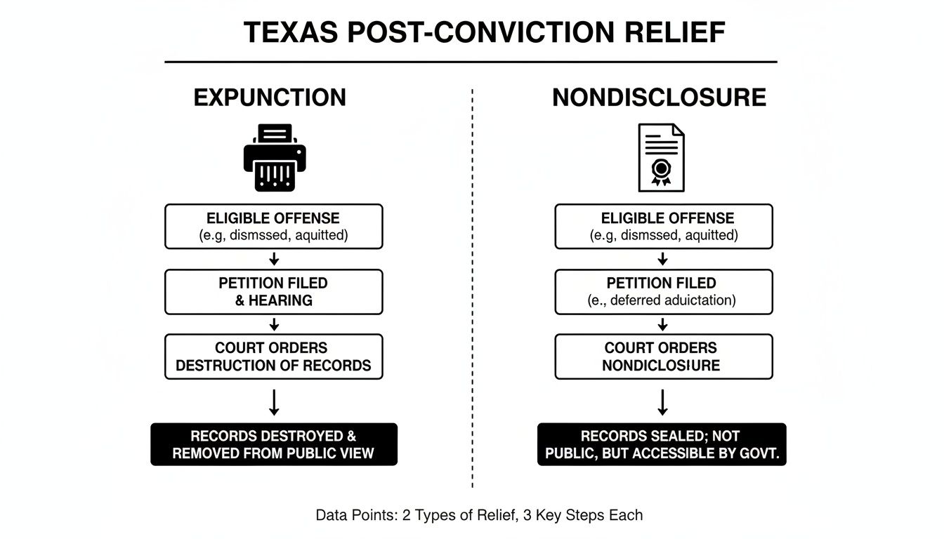 Flowchart illustrating Texas post-conviction relief options: Expunction (records destroyed) and Nondisclosure (records sealed).