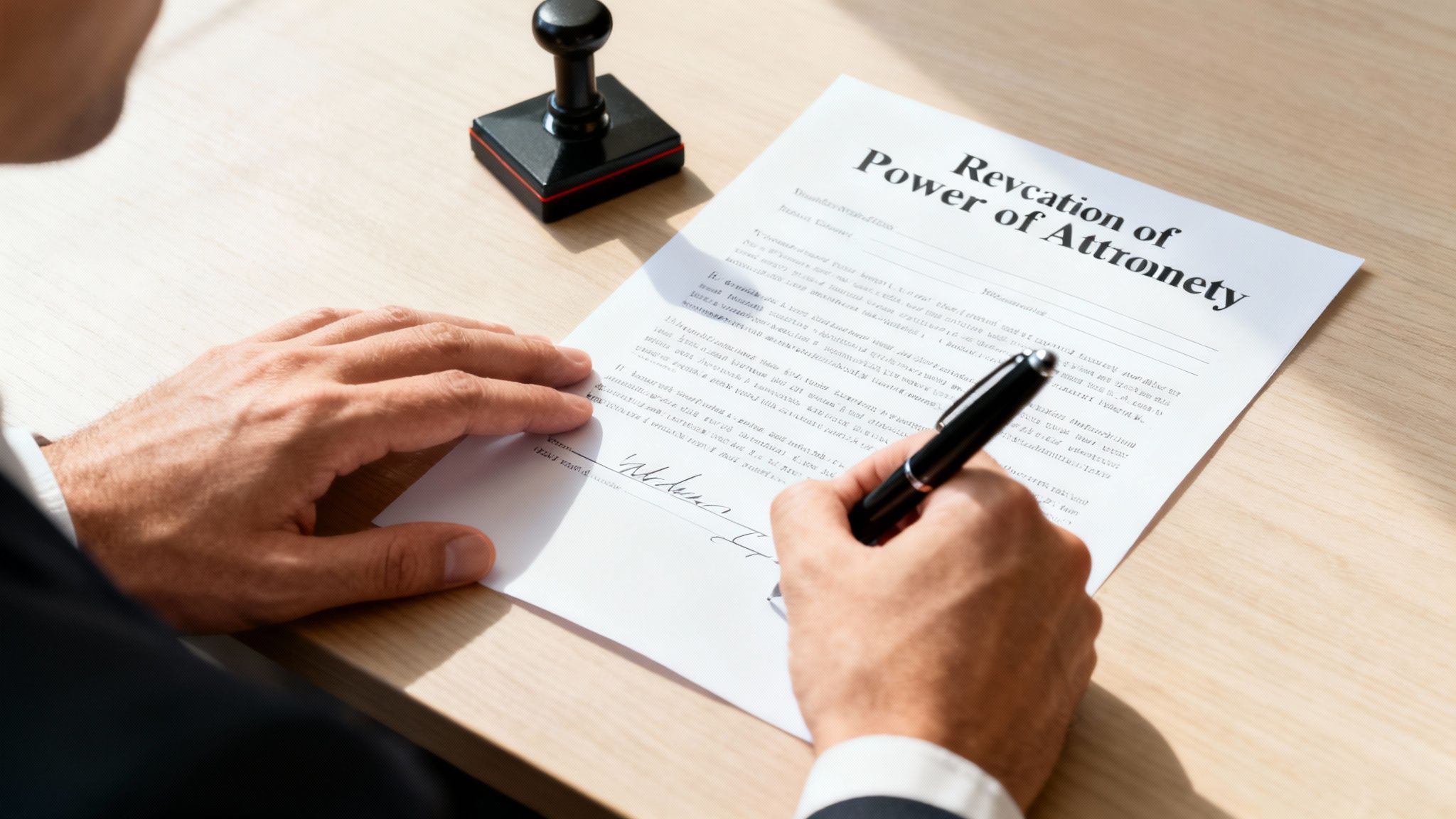 Close-up of a person's hands signing a 'Revocation of Power of Attorney' document on a wooden desk with a stamp nearby.