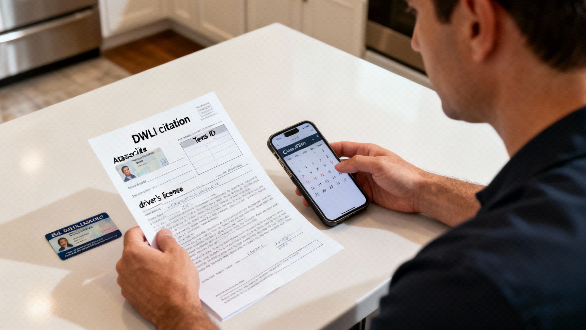 Man reviewing a DWLI citation and driver's license while checking a calendar on his phone.