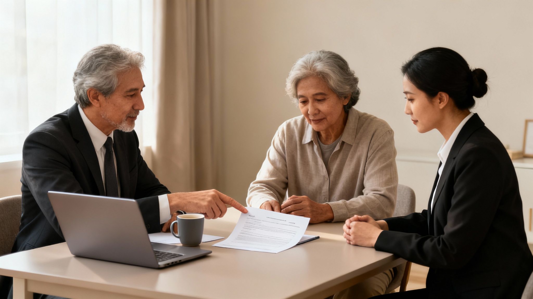 A legal professional explains documents to an older woman and another professional at a table.