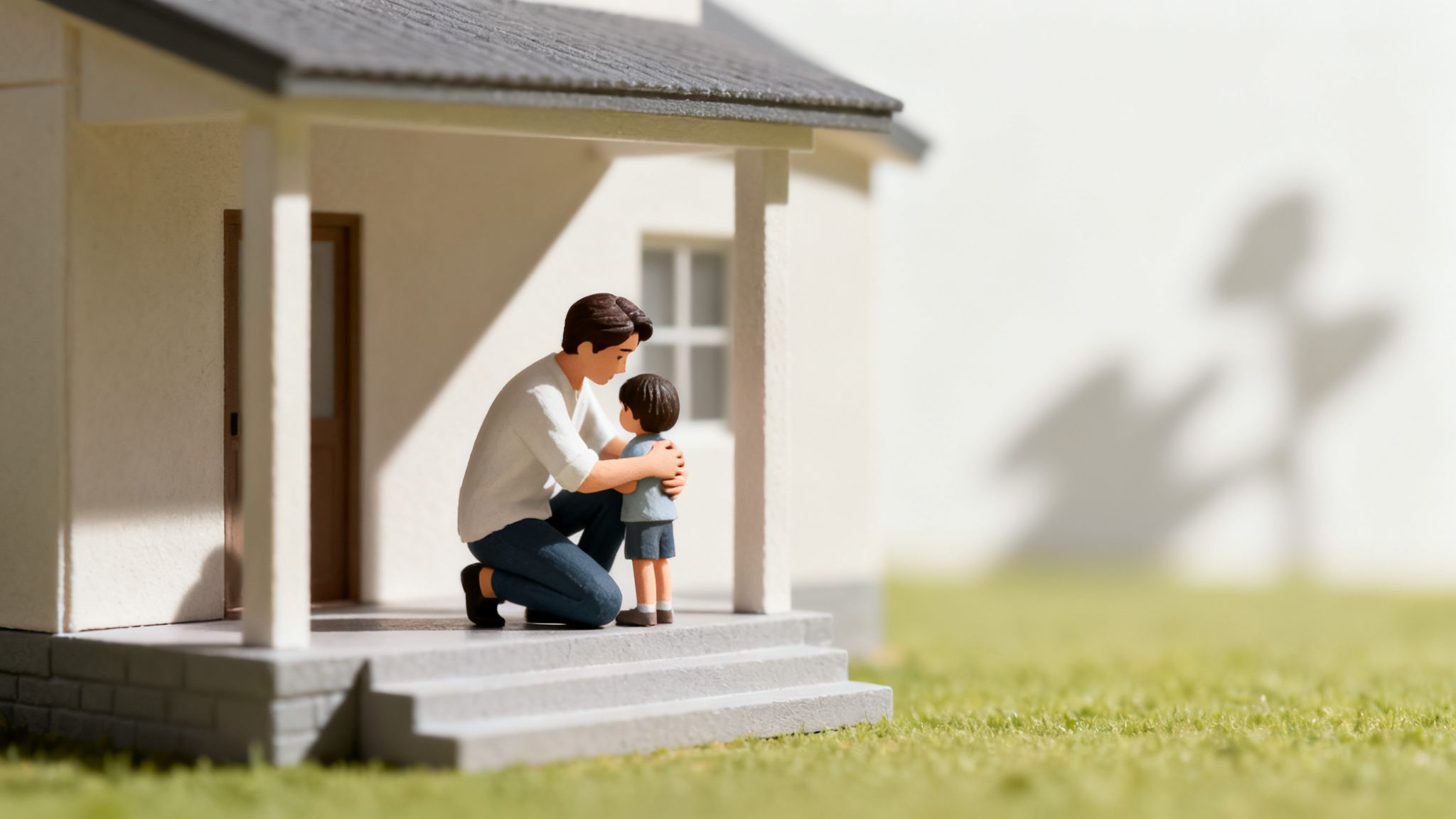 A miniature father figure kneels to comfort a child figure outside a small model house.